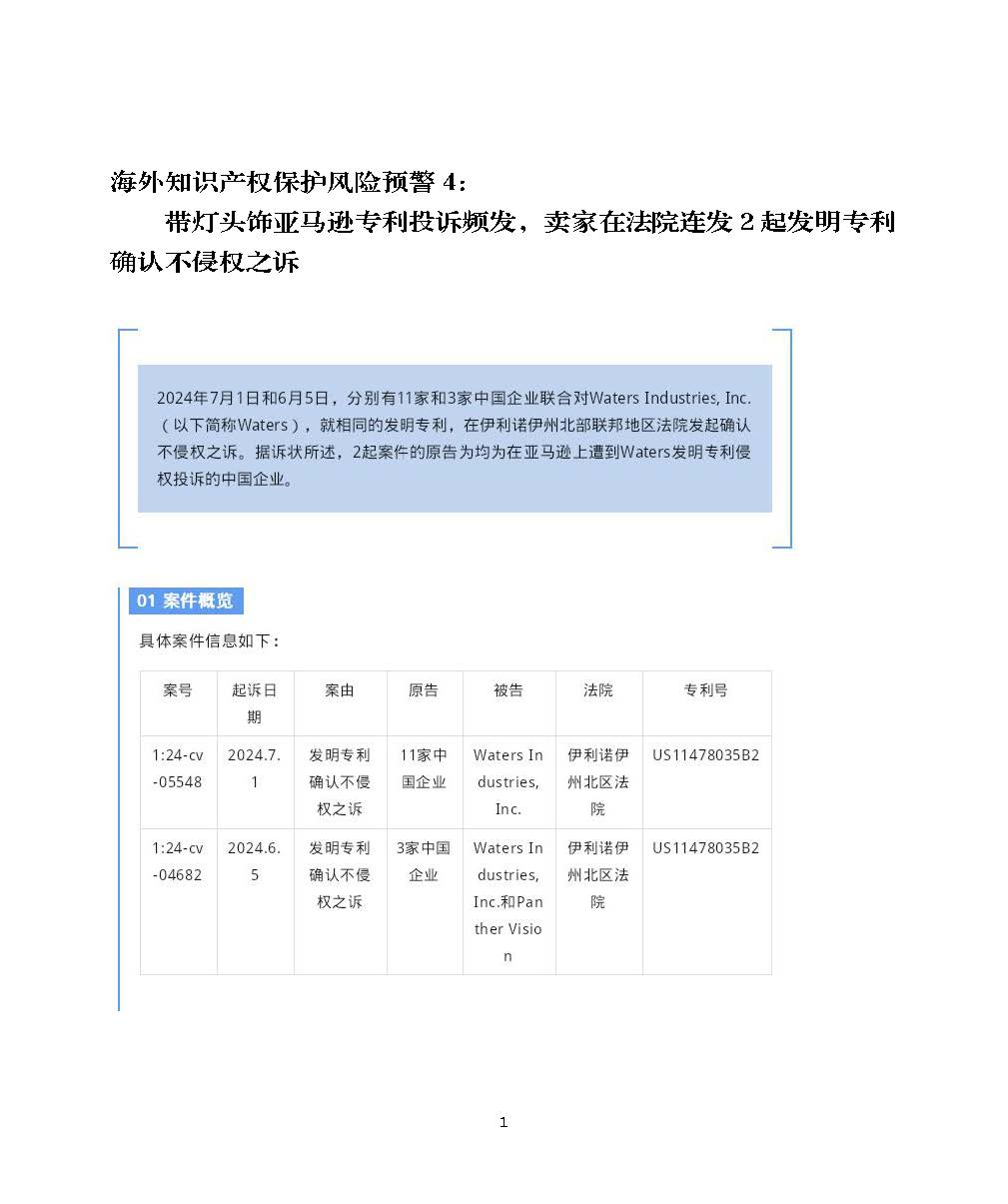 海外知識(shí)產(chǎn)權(quán)保護(hù)風(fēng)險(xiǎn)預(yù)警4：帶燈頭飾亞馬遜專利投訴頻發(fā)，賣(mài)家在法院連發(fā)2起發(fā)明專利確認(rèn)不侵權(quán)之訴_頁(yè)面_1.jpg